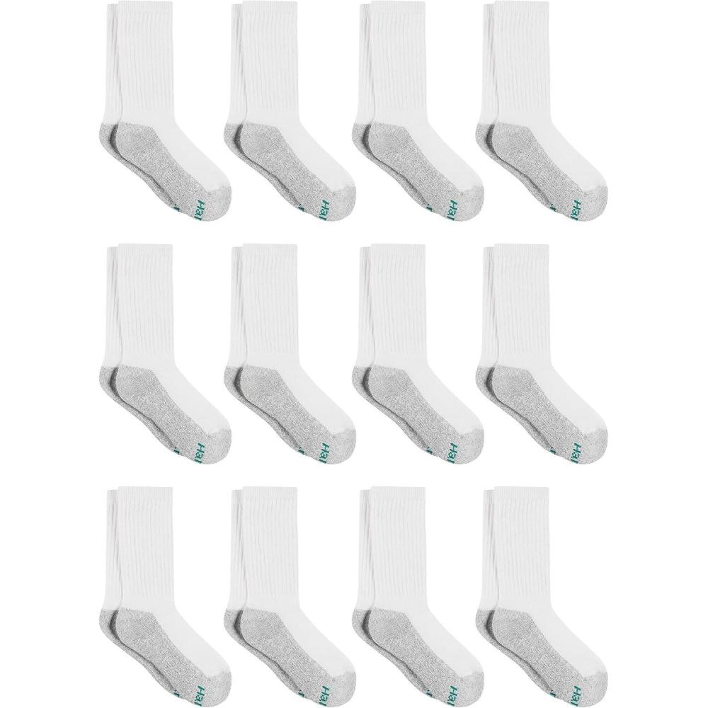 imageHanes Boys Socks Double Tough Cushioned Crew Socks 12pair PacksWhiteGrey Bottom