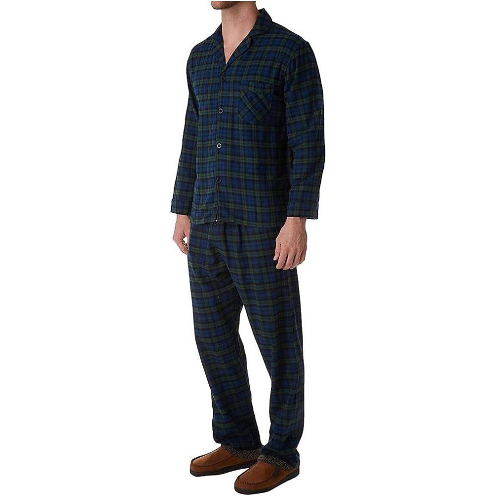 imageHanes Mens 100 Cotton Flannel Plaid Pajama Top and Pant Set Long Sleeve Button DownBlack Plaid