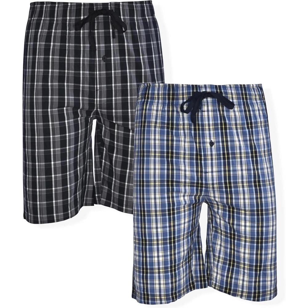 imageHanes Mens 2Pack Woven Pajama Shorts Lightweight Breathable Lounge Fit for Summer Pantalones Cortos para Hombre 2PackBlueBlack