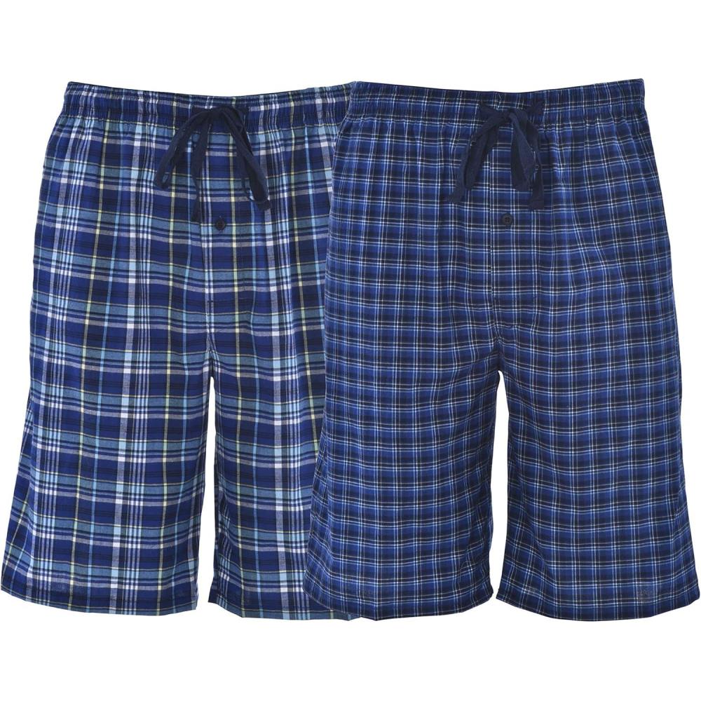 imageHanes Mens 2Pack Woven Pajama Shorts Lightweight Breathable Lounge Fit for Summer Pantalones Cortos para Hombre 2PackNavy Plaid