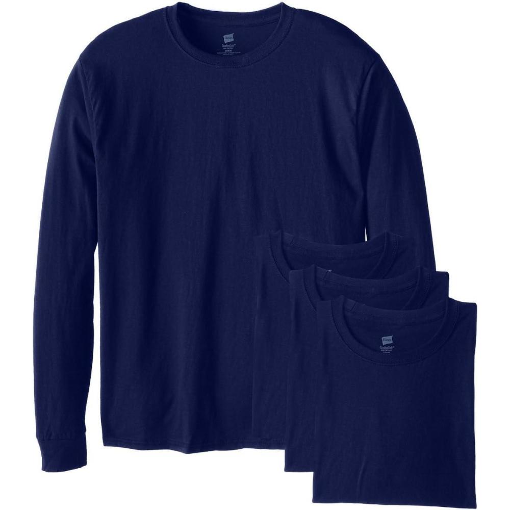 imageHanes Mens Essentials LongSleeve TShirt Crewneck Cotton TShirts for Men 2PackNavy 4 Pack