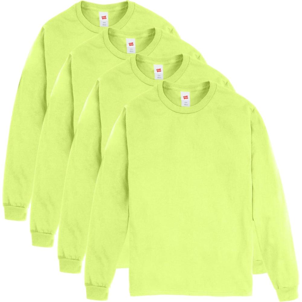 imageHanes Mens Essentials LongSleeve TShirt Crewneck Cotton TShirts for Men 2PackSafety Green 4 Pack