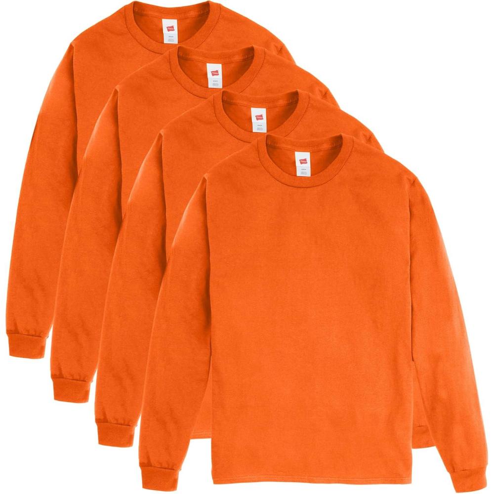 imageHanes Mens Essentials LongSleeve TShirt Crewneck Cotton TShirts for Men 2PackSafety Orange 4 Pack