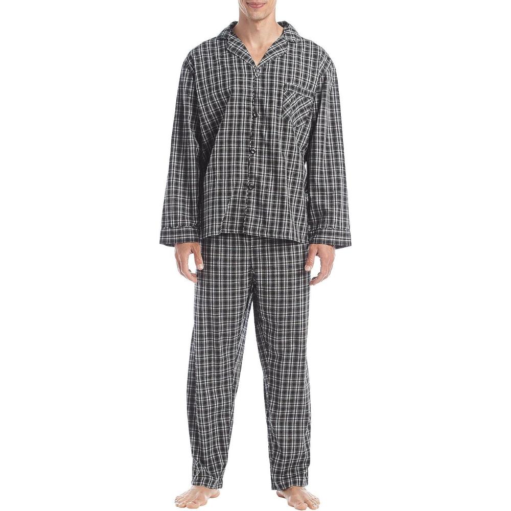 imageHanes Mens Long Sleeve Plain Weave Pajama SetBlack Plaid