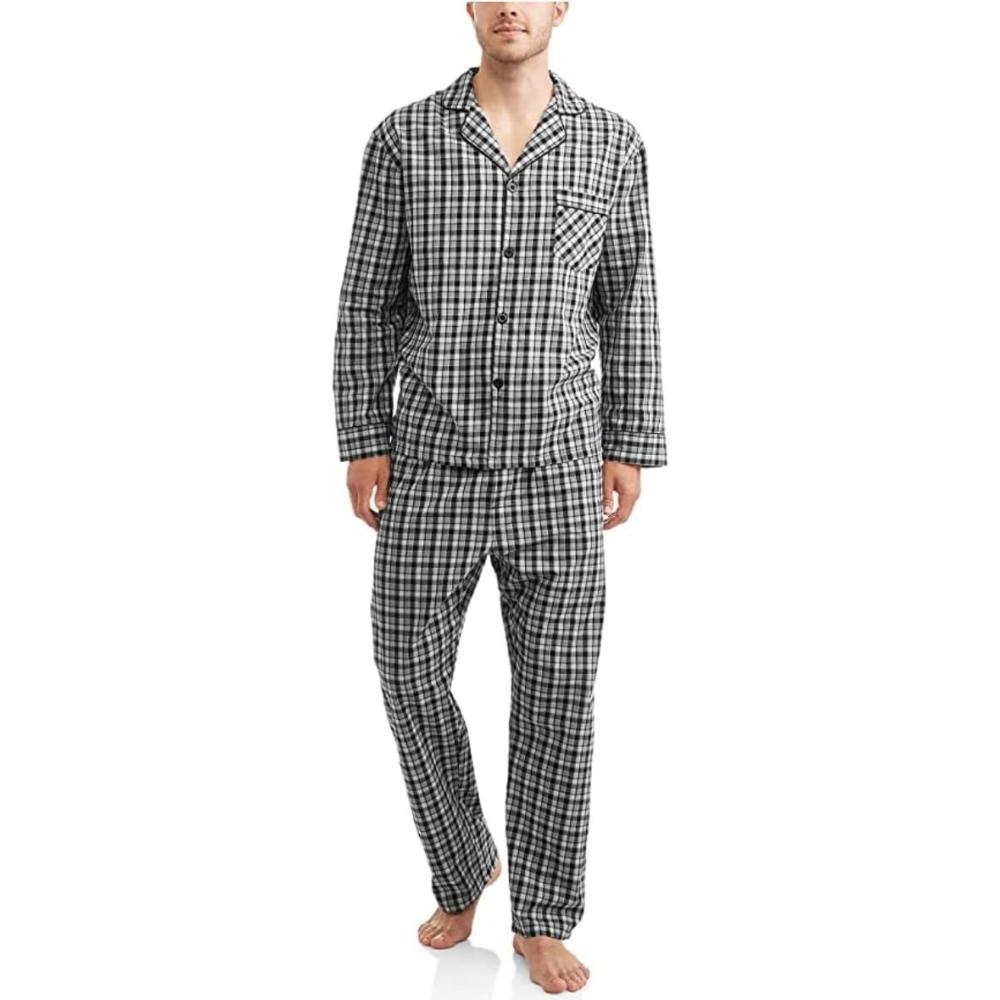 imageHanes Mens Long Sleeve Plain Weave Pajama SetBlackGrey Plaid
