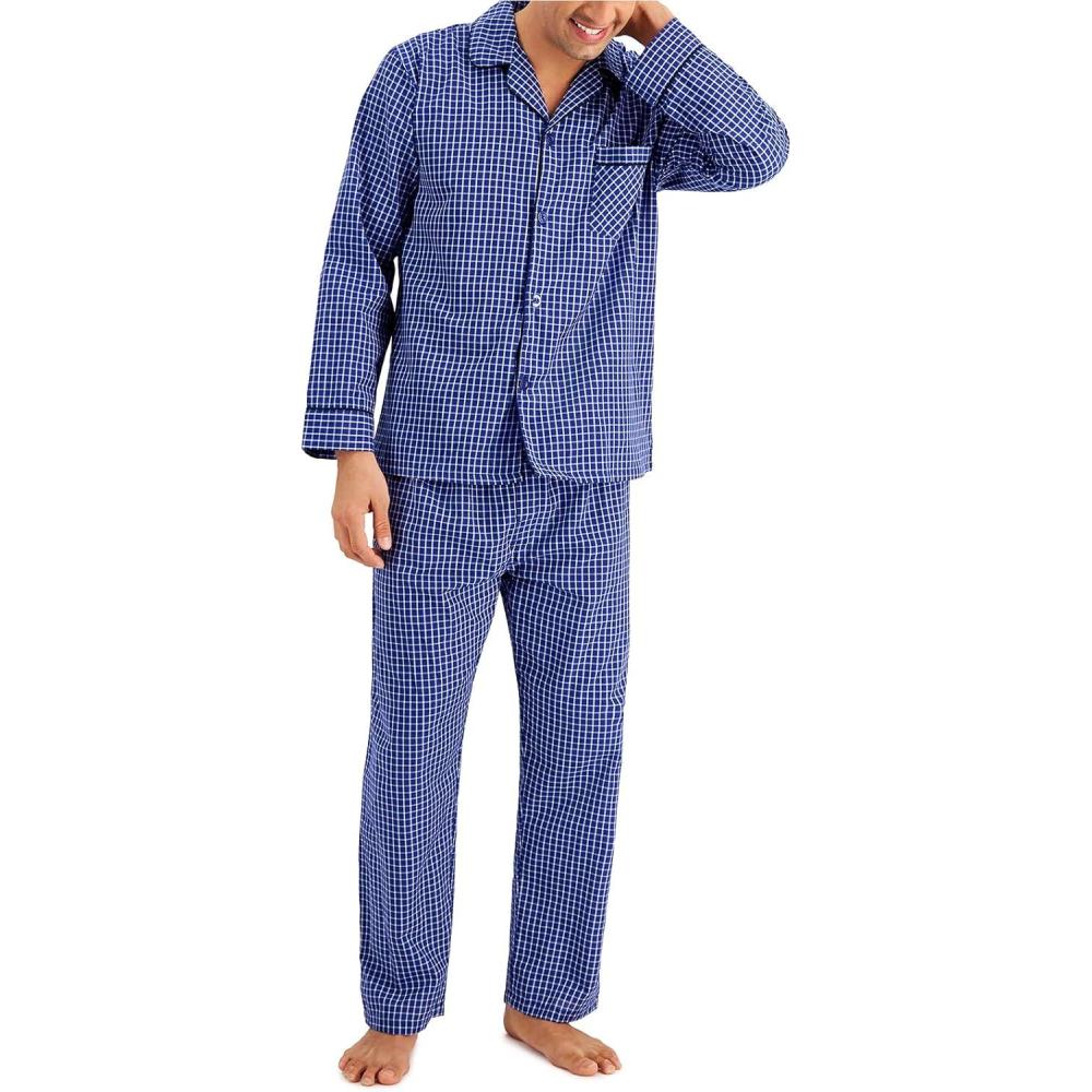 imageHanes Mens Long Sleeve Plain Weave Pajama SetBlue Checkered