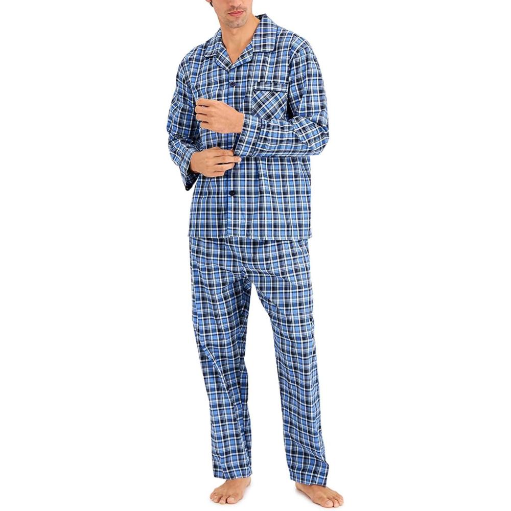 imageHanes Mens Long Sleeve Plain Weave Pajama SetBlue Green Plaid