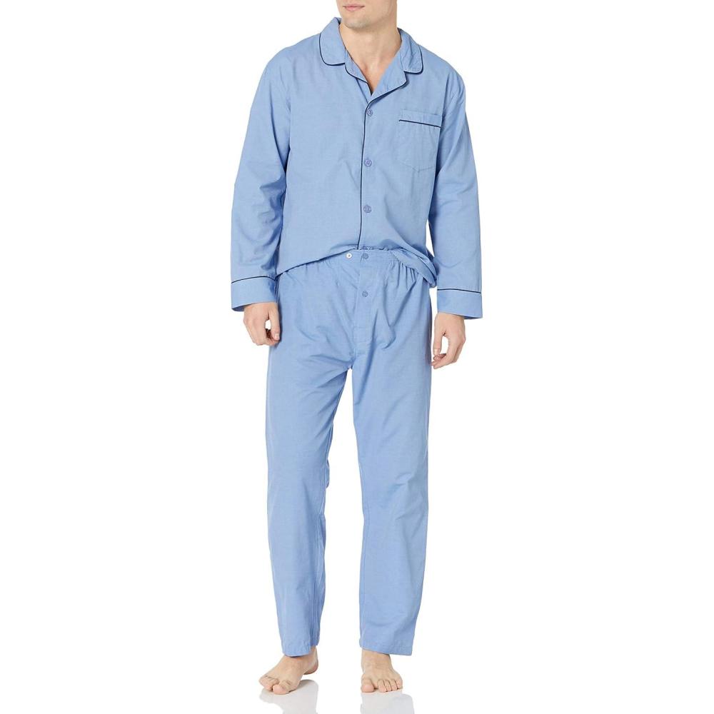 imageHanes Mens Long Sleeve Plain Weave Pajama SetBlue Solid