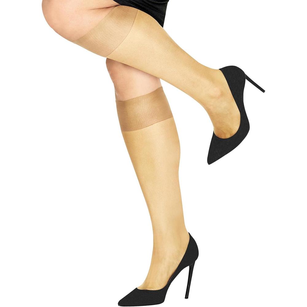 imageHanes Silk Reflections Womens Wicking Cool Comfort Silky Sheer Enhanced Toe Plus Size KneeHighsTravel Buff