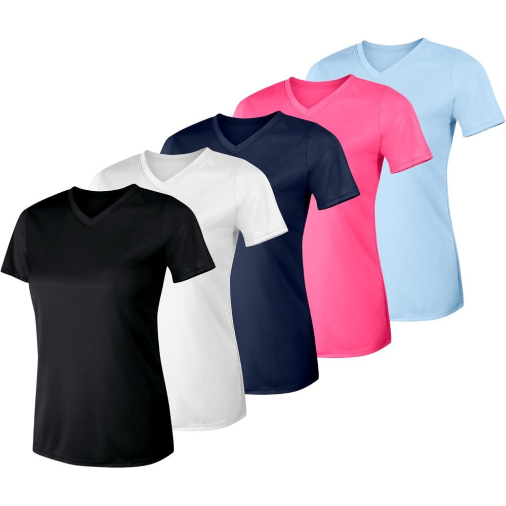imageHanes Womens Cool Dri Performance VNeck TShirt MoistureWicking Short Sleeve Tee 40 UPF Protection 1 Or 5 PackBlkWhtNvyPnkBl 5 Pack