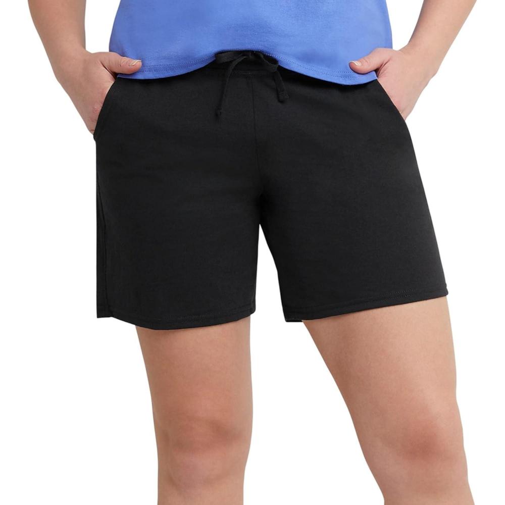 imageHanes Womens Jersey Pocket Shorts Drawstring Cotton Jersey Shorts 7quot InseamBlack