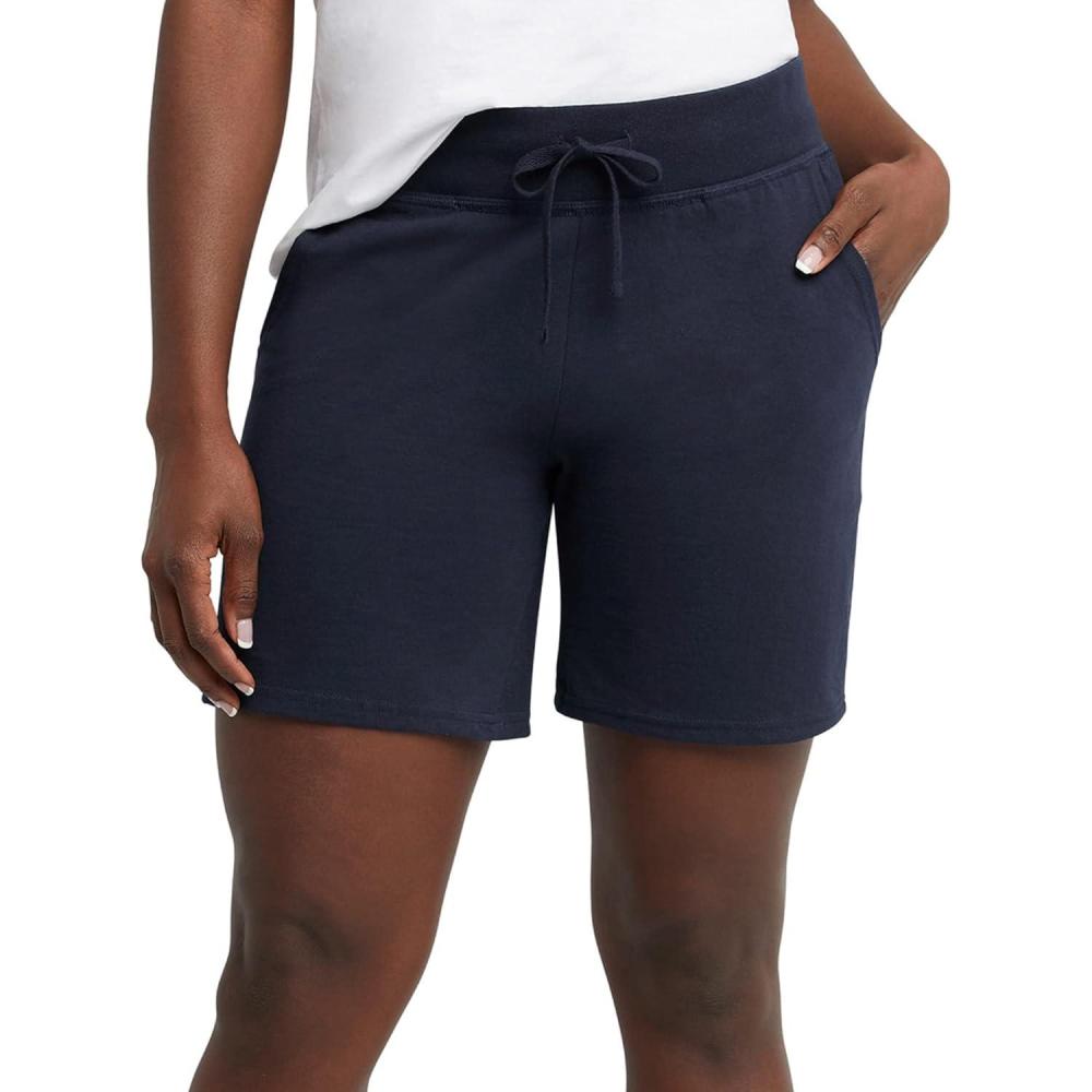 imageHanes Womens Jersey Pocket Shorts Drawstring Cotton Jersey Shorts 7quot InseamNavy