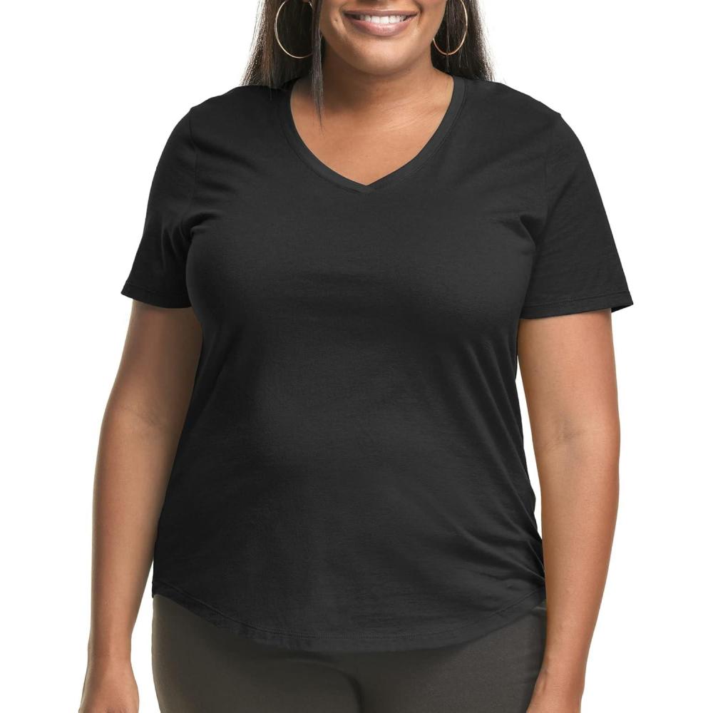 imageHanes Womens Just Plus Size Cotton Jersey TShirt Short Sleeve VNeck TeeBlack