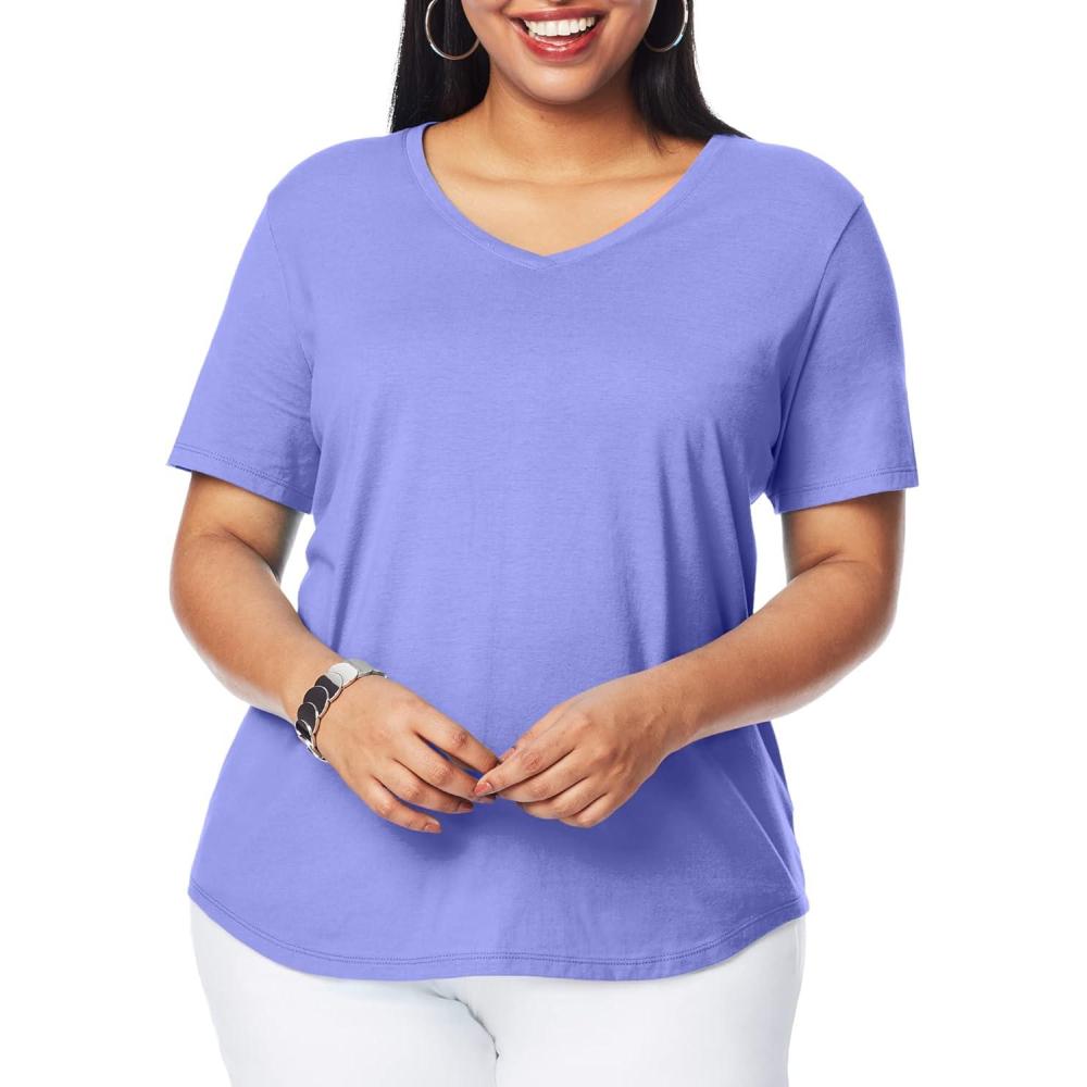 imageHanes Womens Just Plus Size Cotton Jersey TShirt Short Sleeve VNeck TeePetal Purple
