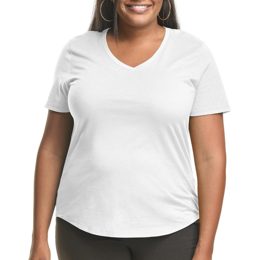 imageHanes Womens Just Plus Size Cotton Jersey TShirt Short Sleeve VNeck TeeWhite