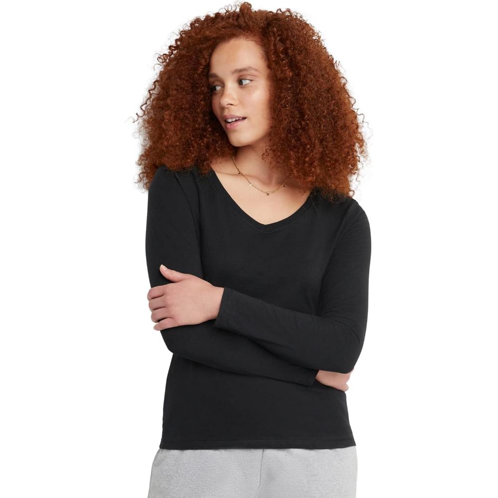 imageHanes Womens Originals Long Sleeve Cotton VNeck TShirt Lightweight VNeck Tee Modern FitEbony