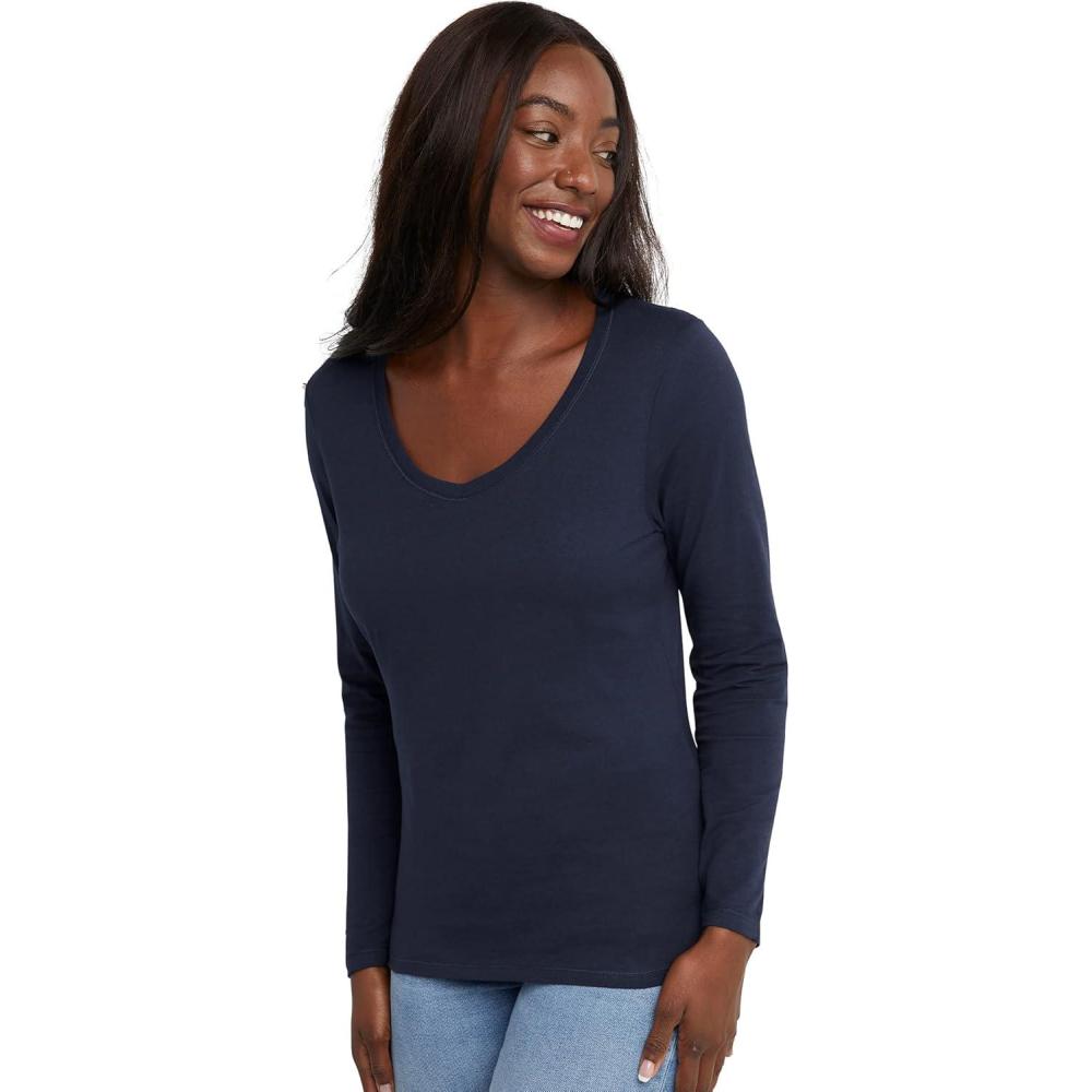 imageHanes Womens Originals Long Sleeve Cotton VNeck TShirt Lightweight VNeck Tee Modern FitNavy