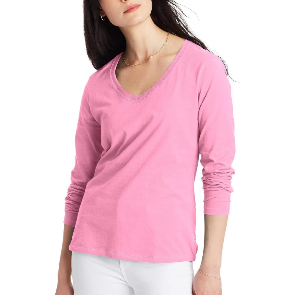 imageHanes Womens Originals Long Sleeve Cotton VNeck TShirt Lightweight VNeck Tee Modern FitPink Swish