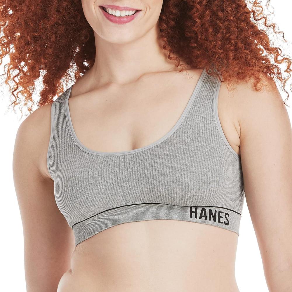 imageHanes Womens Originals Seamless Rib Crop Bralette Wireless Scoop Pullover Bra ComfortFlex FitHeritage Grey Marle