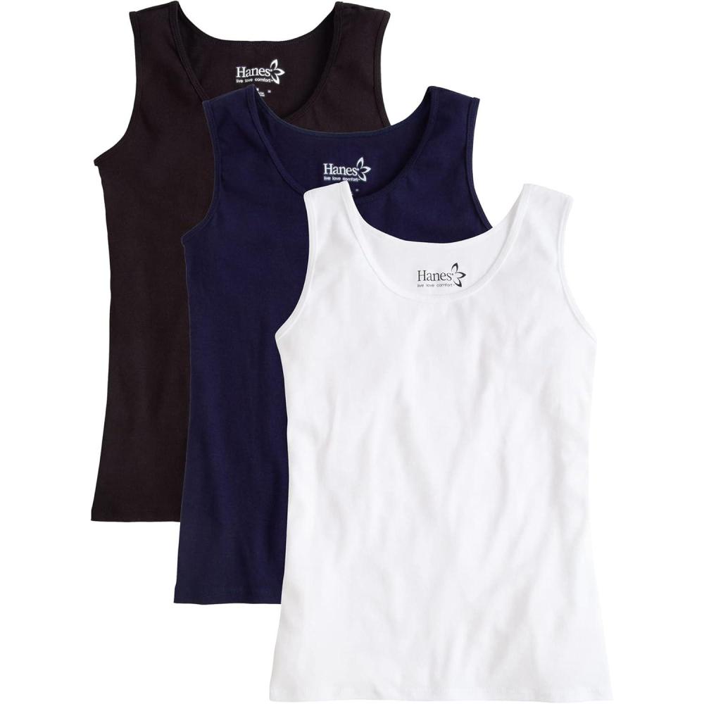imageHanes Womens Shirts Womens MiniRibbed Cotton Tank Tops Womens Sleeveless TShirts Womens TanksBlack Navy White 3 Pack