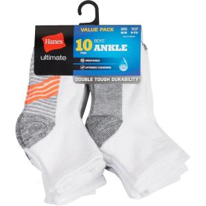 Hanes Boys Ultimate Ankle And No Show Performance Sport Socks, 10-pair Packs Fashion-liner-socks, White/Grey Bottom, Medium US