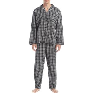 Hanes Men’s Long Sleeve Plain Weave Pajama Set(Black Plaid)
