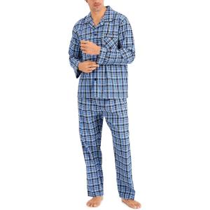 Hanes Men’s Long Sleeve Plain Weave Pajama Set(Blue Green Plaid)