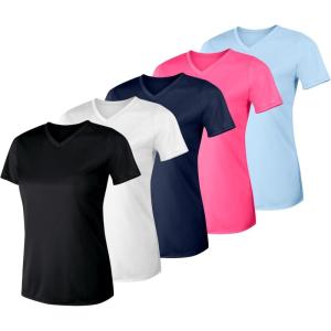 Hanes Women’s Cool Dri Performance V-Neck T-Shirt, Moisture-Wicking Short Sleeve Tee, 40+ UPF Protection, 1 Or 5 Pack(Blk/Wht/Nvy/Pnk/Bl – 5 Pack)