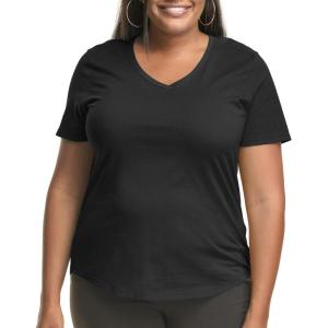 Hanes Women’s Just Plus Size Cotton Jersey T-Shirt, Short Sleeve V-Neck Tee(Black)