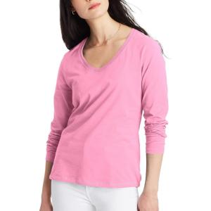 Hanes Womens Originals Long Sleeve Cotton V-Neck T-Shirt, Lightweight V-Neck Tee, Modern Fit(Pink Swish)
