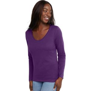 Hanes Womens Originals Long Sleeve Cotton V-Neck T-Shirt, Lightweight V-Neck Tee, Modern Fit(Violet Splendor)
