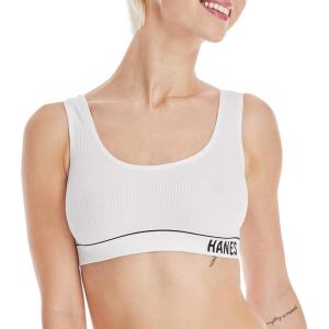 Hanes Women’s Originals Seamless Rib Crop Bralette, Wireless Scoop Pullover Bra, ComfortFlex Fit(White)
