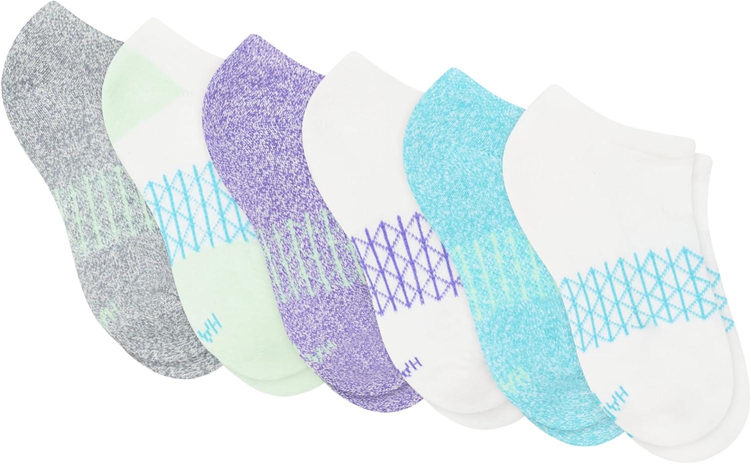 imageHanes girls No Show Socks Pack 6 Pairs Absolute Active Cushioned No Show Socks for Girls Heel ShieldWhitePurple