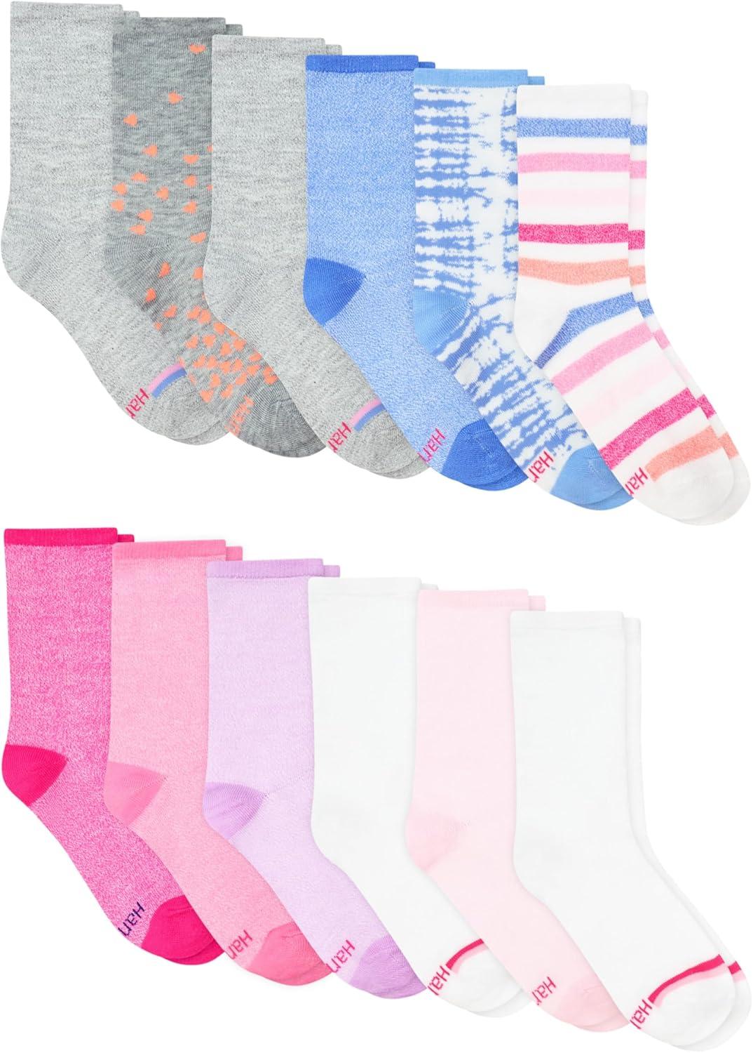 imageHanes girls Socks Fashion Patterned Soft Socks No Show Ankle and Crew 12pair PacksCrew PinkBlueGrey