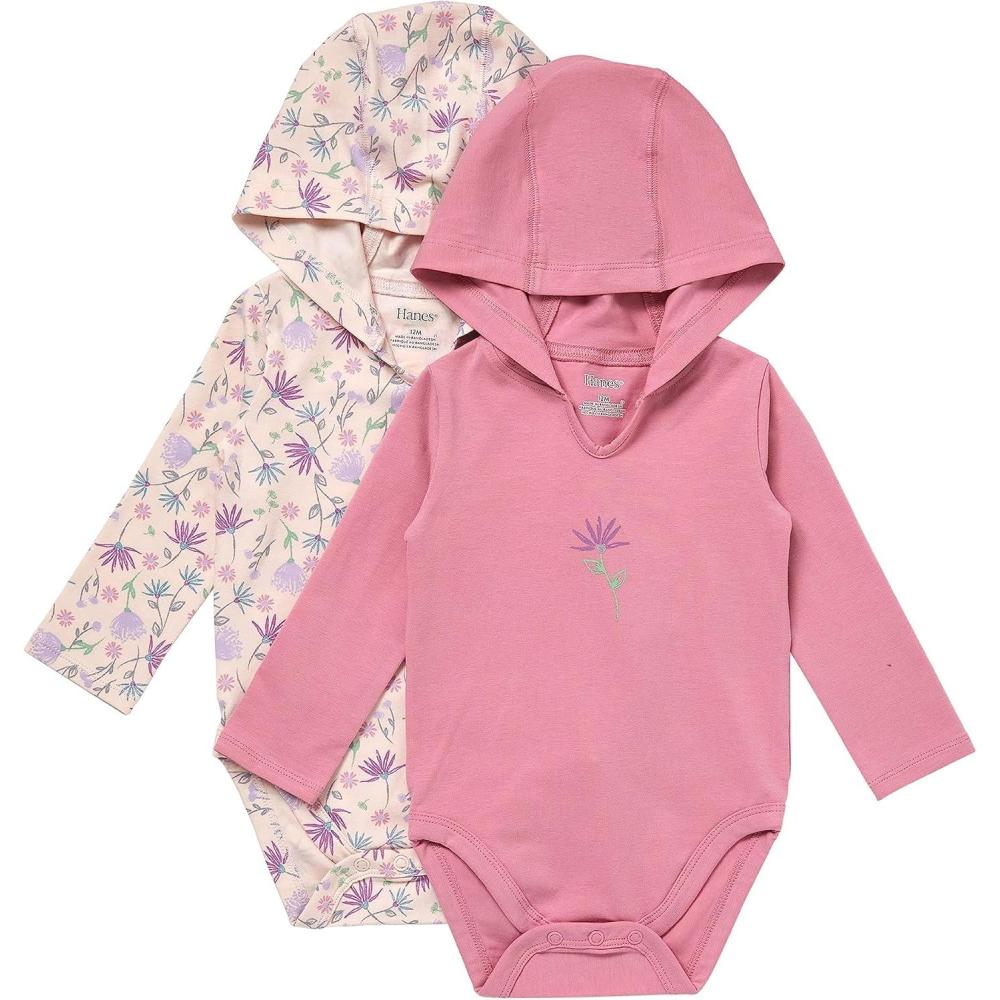 imageHanes babygirls Pure Comfort Long Sleeve Hoodie Bodysuits Infant Bodysuits Unisex 3packBlushRose