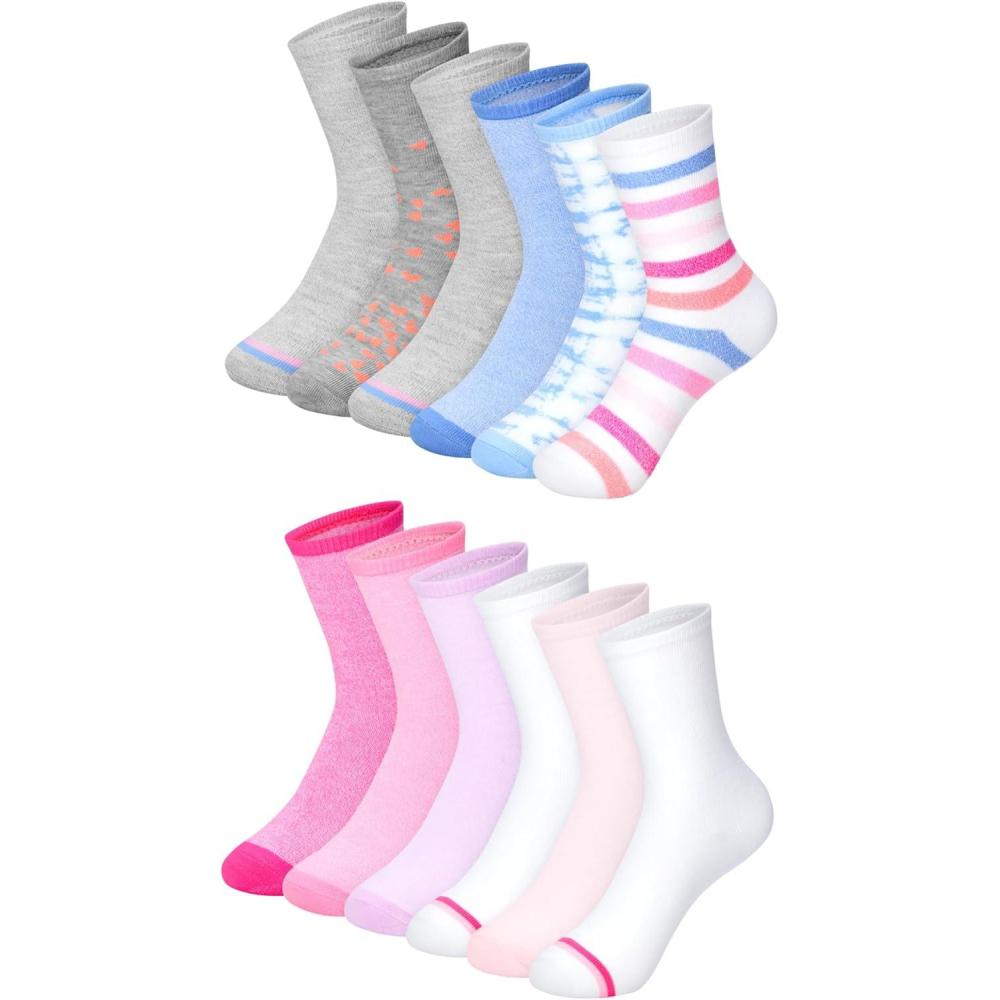 imageHanes girls Socks Fashion Patterned Soft Socks No Show Ankle and Crew 12pair PacksCrew PinkBlueGrey